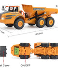 Volvo Authorized RC Dump Truck Toy For Kids, Realistic Articulated Hauler With Lights dimensions and features display