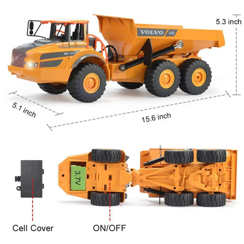 Volvo Authorized RC Dump Truck Toy For Kids, Realistic Articulated Hauler With Lights dimensions and features display