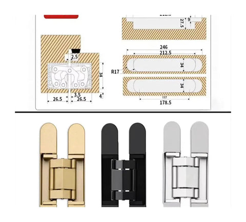 Four Piece Invisible Secret Door Hinges Set With Hidden Three Dimensional Cross Adjustment For Wooden Doors, color options