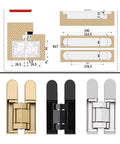 Heavy Duty Invisible Door Hinges Matte Black Set Of Four Adjustable Three Dimensional Cross Design For Wooden Doors 120 To 180 Kg Load Rating With Zero Drama Setup Guaranteed layout and design specifications showing black, gold, and silver finishes.
