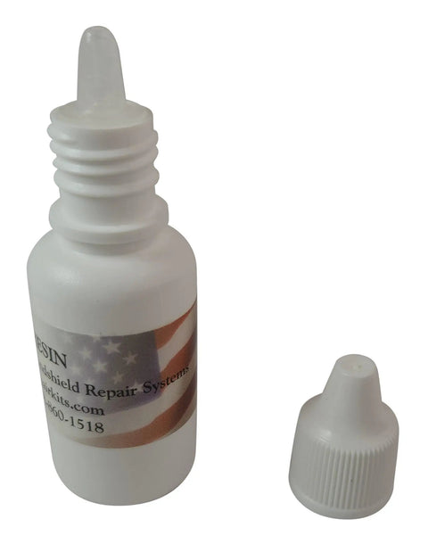 Resin For Windshield Chip Repair, UV Curable Glass Rock Chip Fix bottle with built-in dropper, cap beside it