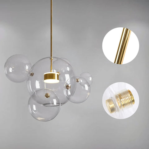 Modern LED Globe Pendant Light With Four Bubble Glass Orbs, Dimmable 3000K-6000K, remote controlled, gold-clear finish close-up