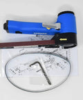 Air Pneumatic Belt Sander With 17,000 RPM Free Speed And Half Inch By Eighteen Inch Belt Includes 80 100 120 Sandpaper Built In Air Regulator For Easy Speed Control Quick Belt Change Beast Performance lying flat with manual and tool kit
