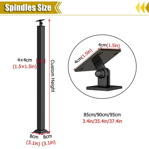 Step Up Your Game With These Next Level Wrought Iron Railing Spindles, Heavy Duty Floor Mount Posts, Rust Proof Powder Coated Finish, Set Of 10, Built Like A Tank For Stairs And Decks, 440 Lb Load Rating dimensions showing installation size and customizable height options of floor mount posts.