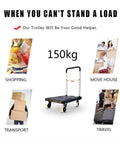 Foldable Hand Truck Dolly Cart With 150 Kg Load Capacity, Heavy Duty Aluminum Frame, Adjustable Pull Rod, Grab And Go Collapsible Cart For Travel, Moving, And Logistics, Easy Fold Storage, Durable Chassis, shown with 150kg and use cases