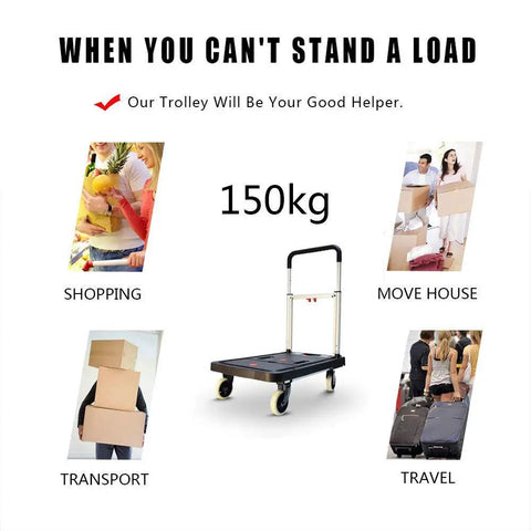 Foldable Hand Truck Dolly Cart With 150 Kg Load Capacity, Heavy Duty Aluminum Frame, Adjustable Pull Rod, Grab And Go Collapsible Cart For Travel, Moving, And Logistics, Easy Fold Storage, Durable Chassis, shown with 150kg and use cases