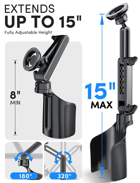 Cup Holder Phone Mount For MagSafe Magnetic Car Holder with dual adjustable bases, extendable height up to 15 inches.