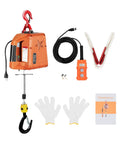 Heavy Duty Electric Hoist Winch With Wired Remote 1100 Lbs Portable Chain Hoist parts including hoist, remote, gloves, and manual.