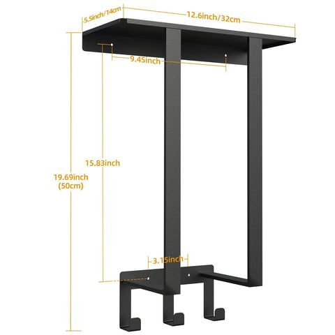 Black compact bathroom towel rack with shelf and three hooks, wall mounted towel storage for rolled towels, space-saving design.