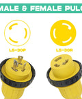 Close-up of yellow L5-30P and L5-30R plugs on Beefy 25 Ft 30 Amp 125V RV Power Cord Marine Grade Yellow L5-30P To L5-30R.