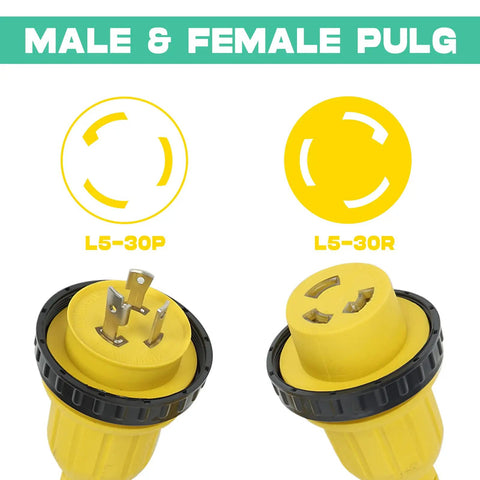 Close-up of yellow L5-30P and L5-30R plugs on Beefy 25 Ft 30 Amp 125V RV Power Cord Marine Grade Yellow L5-30P To L5-30R.