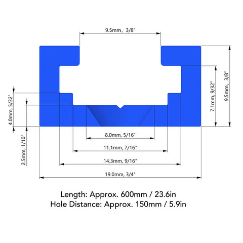 Dimensions schematic of 600mm Aluminum T Track Three Quarters Inch Wide With Pre Drilled Holes For Drill Presses And Radial Arm Saws