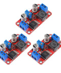 Top view of three red circuit boards, XL6019 Upgraded DC-DC Step Up Power Module Boost Converter 5V 12V 24V Adjustable Output 3 Pack.