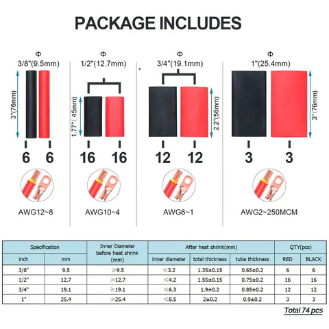Package contents of Beefed Up 74 Piece Heat Shrink Tubing Kit One And Three Quarter Inch One Half Inch And Three Eighths Inch 3 To 1 Shrink Ratio Double Wall Adhesive Lined Marine Grade Industrial Wire Wrap Tubing Black Red