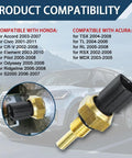 Coolant temperature sensor with brass body and black connector; installed and close-up views.