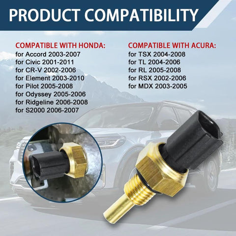 Coolant temperature sensor with brass body and black connector; installed and close-up views.
