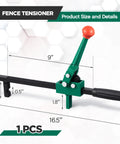 Chain Link Fence Stretcher Tool With Ratcheting Wire Tightener, showing green tool with ratchet and handle, 16.5 inch