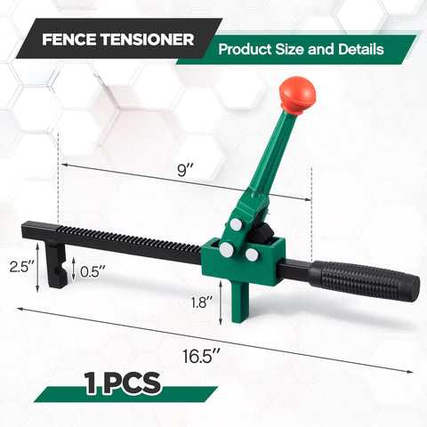 Chain Link Fence Stretcher Tool With Ratcheting Wire Tightener, showing green tool with ratchet and handle, 16.5 inch