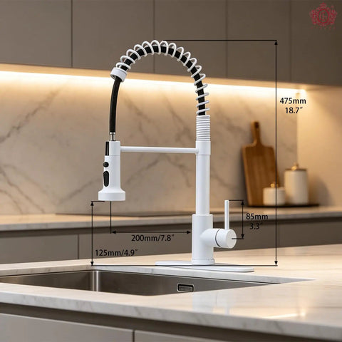GICASA Kitchen Faucet - Pull Down Sprayer,High arc Commercial Stainless Steel Kitchen Sink Faucet White, with detailed dimensions and modern design.