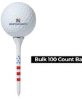 Two And Three Quarters Inch USA Stars And Stripes Golf Tees Plastic Bulk Pack Of One Hundred For Patriotic Play Made In The USA High Visibility Red White Blue Flag Design Durable Tee It Up At The Same Height Every Hole next to golf ball, bulk 100 count bags