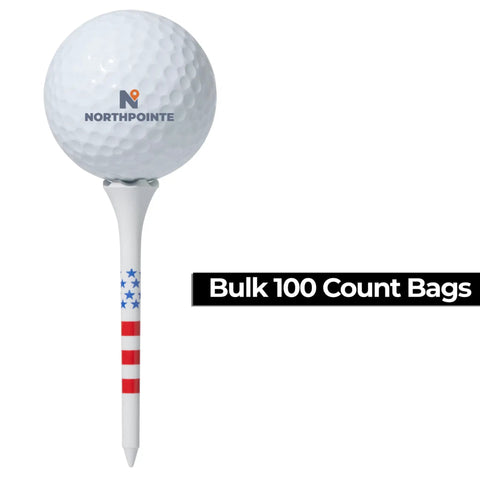 Two And Three Quarters Inch USA Stars And Stripes Golf Tees Plastic Bulk Pack Of One Hundred For Patriotic Play Made In The USA High Visibility Red White Blue Flag Design Durable Tee It Up At The Same Height Every Hole next to golf ball, bulk 100 count bags