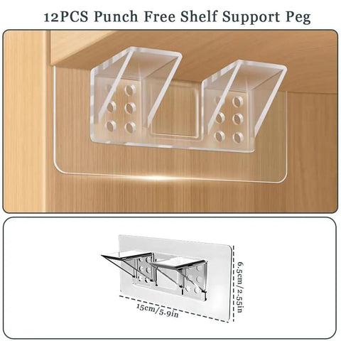 Clear Twelve Piece Heavy Duty Self Adhesive Shelf Brackets for easy installation on wooden surfaces.