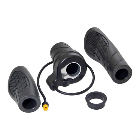 Upgrade Your E-Bike Ride With This 20X Half Turn Throttle Grip Featuring Cool M8 Head Design And Slick Anti-Slip Texture For Nail-It Precision Control Smooth Power Delivery Guaranteed. black e-bike throttle grip set with M8 head, cable, and spacer