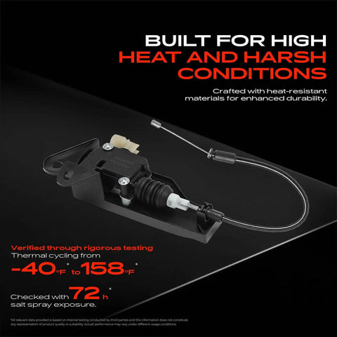 Front Driver Side Hood And Trunk Lock Actuator No Fuss Bolt Up Swap Compatible With Tesla Model 3 Electric Sedan close-up view showcasing durable heat-resistant materials.