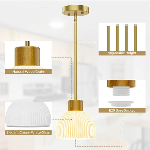 PRTILOUD Pendant Lights Kitchen Island, Modern Gold Hanging Light Fixture with Glass Shade, Adjustable metal rod and wood design.