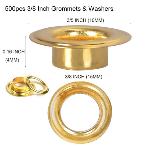 Heavy Duty 500Pcs Grommets And 500Pcs Washers Set Iron With Brass Finish Three Eighths Inch Inside Diameter