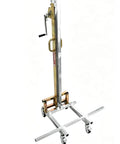 Manual Cabinet Lifter Jack For No Sweat Wall Unit Mounting featuring compact roll out support cart with sturdy wheels and adjustable height.