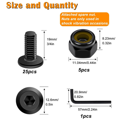 Detailed view of 30 Piece Set Of 1/4-20 X 3/4 Inch Flat Head Socket Head Screws In 304 Stainless Steel With Spare Nylon Lock Nuts And Hex Spanner.