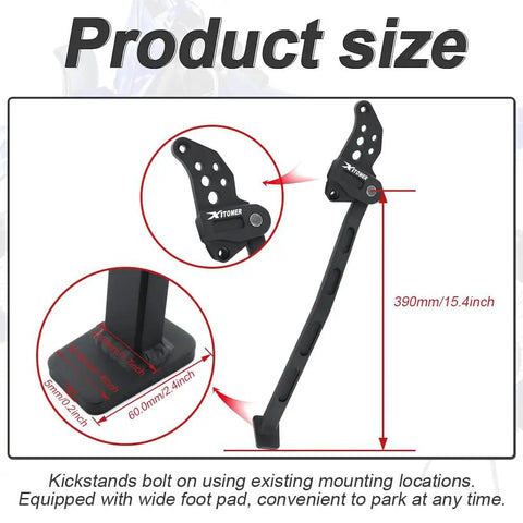 Ultra Lightweight Aluminum Kickstand For YZ125 And YZ250 Dirt Bikes 2005 2026 with dimensions and mounting details shown