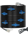 Heavy Duty 50 Foot Extension Cord 12 Gauge With 7 NEMA 5-15R Outlets And Blue Indicator Lights, coiled with connectors visible.