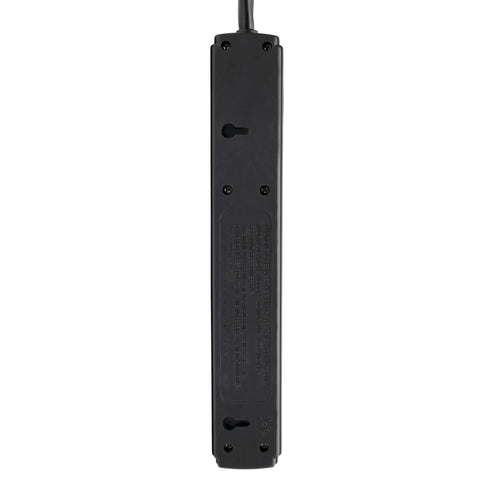 Rear view of Six Outlet Surge Protector Power Strip With Six Foot Cord Black No Brainer Lifetime Guarantee And Ten Thousand Insurance Coverage