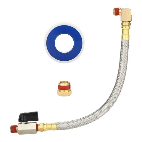 Air Compressor Tank Drain Assembly Kit with 10 Inch Braided Steel Hose One Quarter Inch Drain Valve Elbow Fitting and Brass Hex Adapter