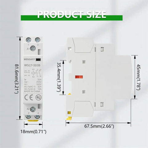 Dead Quiet 32A Ac Dc Contactor With 24V Coil And Two Normally Open Poles For Straight-Up Din Rail Mount, dimensions displayed.