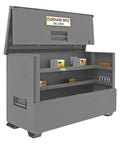 Heavy Duty All Welded Steel Job Site Cabinet For Secure Outdoor Storage With Forklift Ready Legs and Triple Padlock Security, open view showing interior shelves.