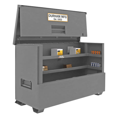 Heavy Duty All Welded Steel Job Site Cabinet For Secure Outdoor Storage With Forklift Ready Legs and Triple Padlock Security, open view showing interior shelves.