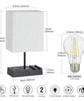 Dimensions of Two Pack Bedside Lamps With Wireless Charging, USB A And USB C Ports, And AC Outlet with LED bulb specs shown