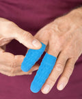 Built Tough 100 Piece Blue Nitrile Anti Static Sleeve Protectors For Tech Repair And Cleanroom Grind reusable finger guards shown on hands.