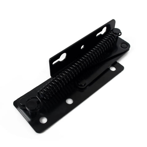 Black Heavy Duty Stainless Steel 80 Degree Foldable Lifting Brackets With Rock Solid Spring Action And Top Shelf Hardware Support For Cabinet Doors And Drawers Two Pack - close-up of black spring hinge.
