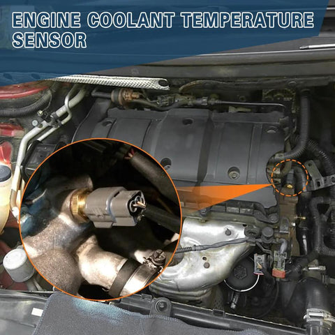 Coolant temperature sensor installed in engine bay; gray plastic connector on metal housing