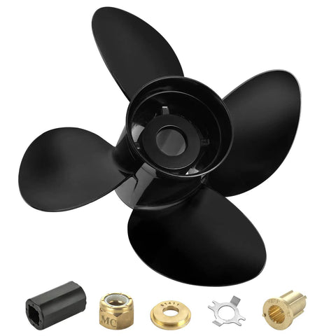 14 1/2 X 17 Aluminum Boat Propeller With 15 Spline Hub, Four Blades, Right Hand Rotation, Boosts Mercury Outboard Performance, 135-300 HP, Mercruiser Alpha Bravo Compatible, Heavy Duty Hub Kits Included, shown with hub kit accessories