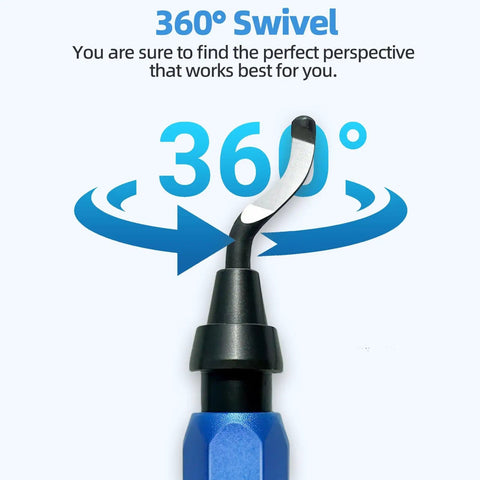 Pro Grade 13-Piece Deburring Tool Kit For 3D Printing With Aluminum Handle, showing close-up of 360° swivel blue handle