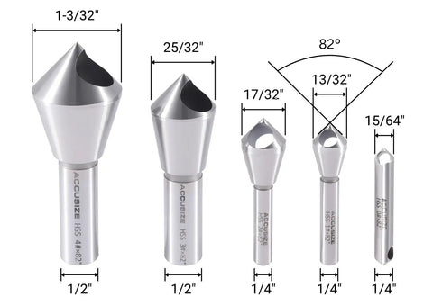 Five Piece 82 Degree Zero Flute HSS Countersink And Deburring Tool Set Pilotless Type, sizes 0 to 4, with measurements.