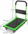 Real Heavy Duty Foldable Platform Dolly Rock Solid Self Balancing Base And Smooth Rolling Wheels showing dimensions and handle.