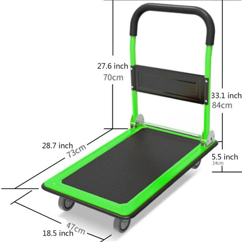 Real Heavy Duty Foldable Platform Dolly Rock Solid Self Balancing Base And Smooth Rolling Wheels showing dimensions and handle.