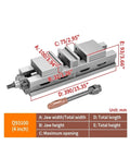 Heavy Duty Machine Vise Featuring Rock Solid Flat Nose Jaws Six Inch Double Opening Bench Clamp delivering hardcore clamping power for CNC jobs with detailed dimensions.