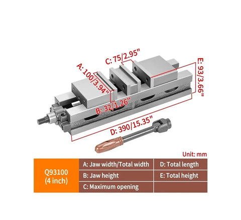 Heavy Duty Machine Vise Featuring Rock Solid Flat Nose Jaws Six Inch Double Opening Bench Clamp delivering hardcore clamping power for CNC jobs with detailed dimensions.